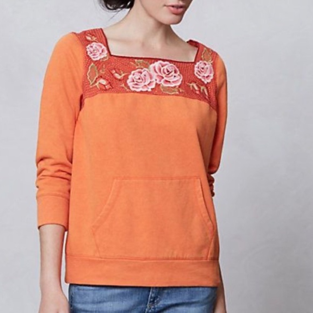 Anthropologie Orange Top with Pink Floral Embroidery